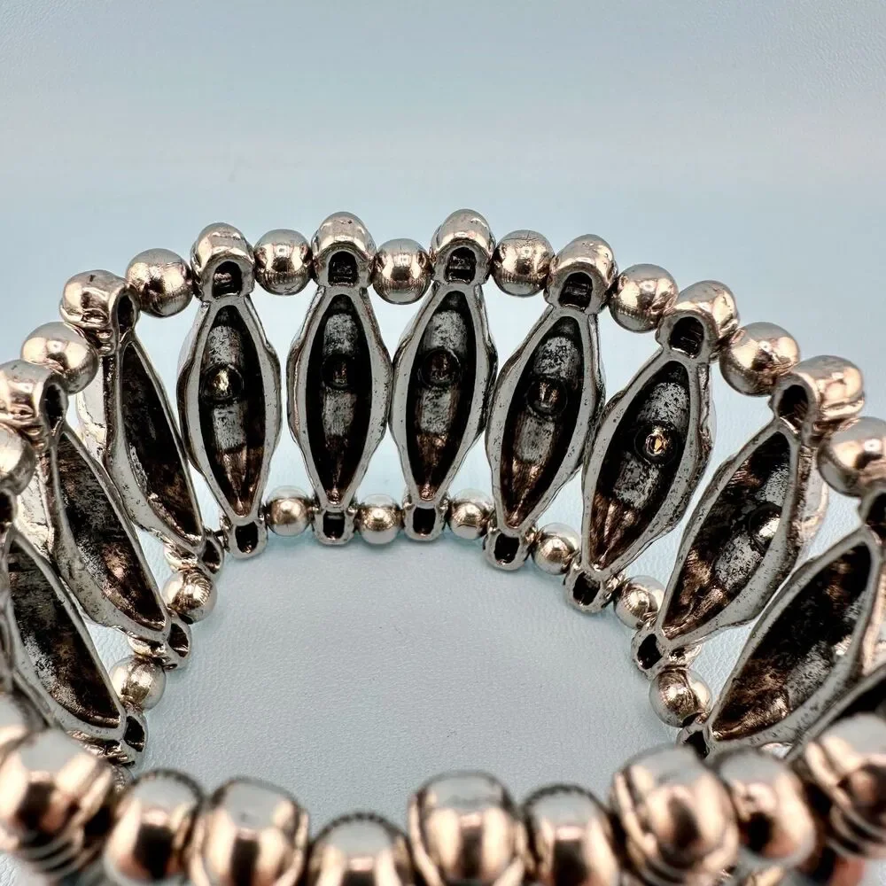 Vintage Chunky Stretch Bracelet Silver Tone Textured Wide Bead Clear Rhinestone